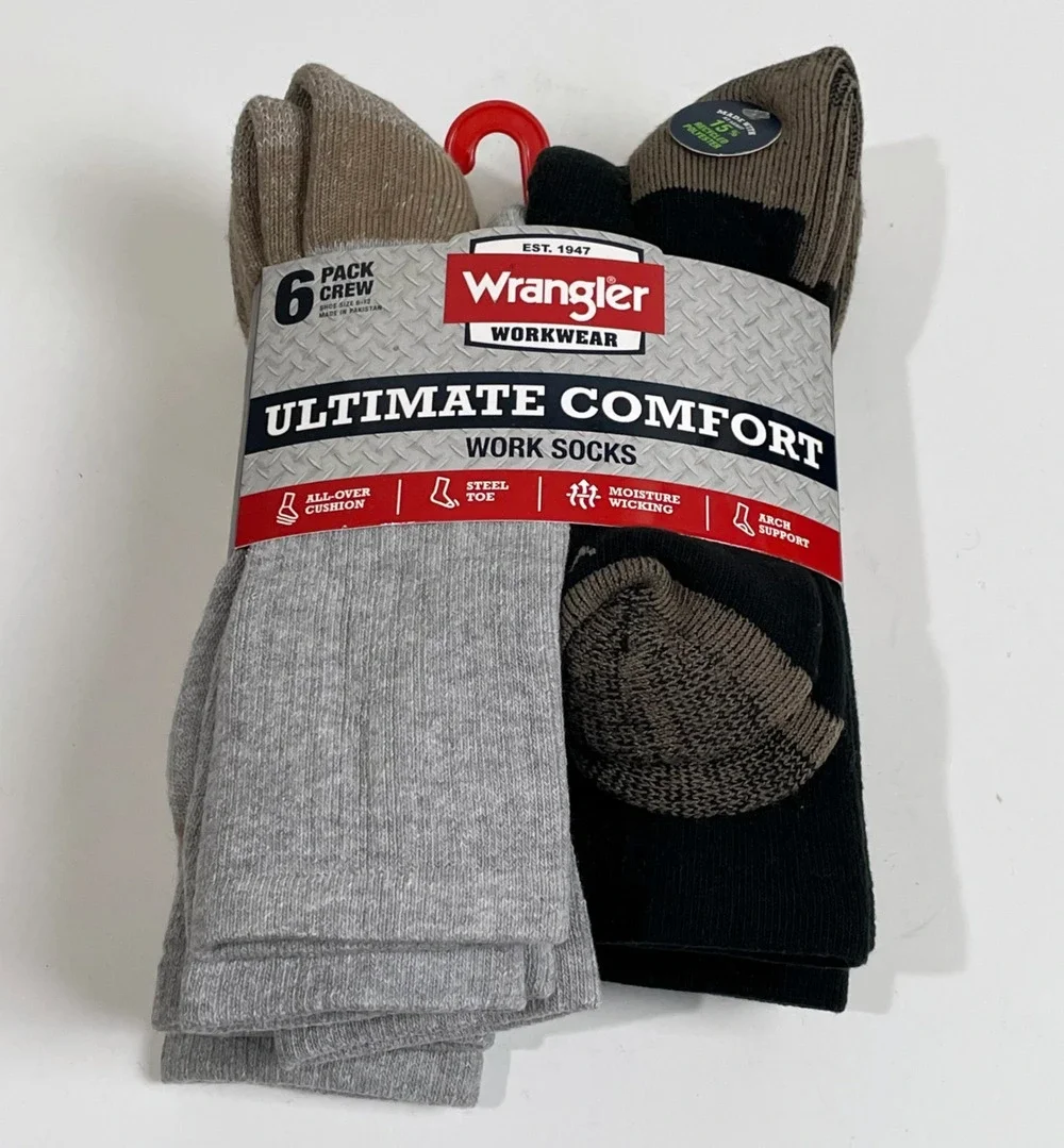 Wrangler Workwear Men's Ultimate Comfort Work Socks 6 pack Crew Shoe Size 6-12